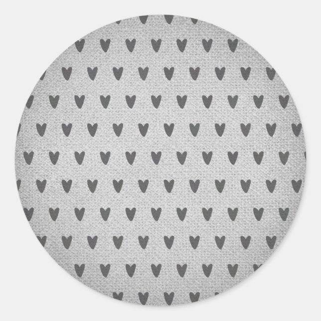 Pegatina Redonda Gray Burlap Whimsical Hearts Rústic Farmhouse (Anverso)