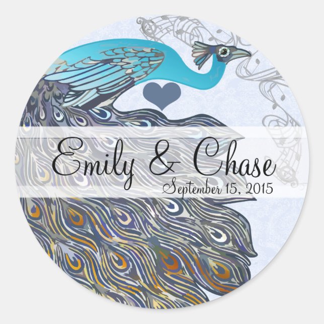 Pegatina Redonda Gray Coral Aqua Peacock Feathers Boda (Anverso)