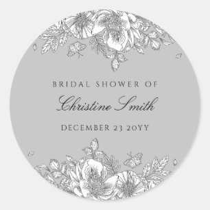Pegatina Redonda Gray Floral Line Art Bridal Shower
