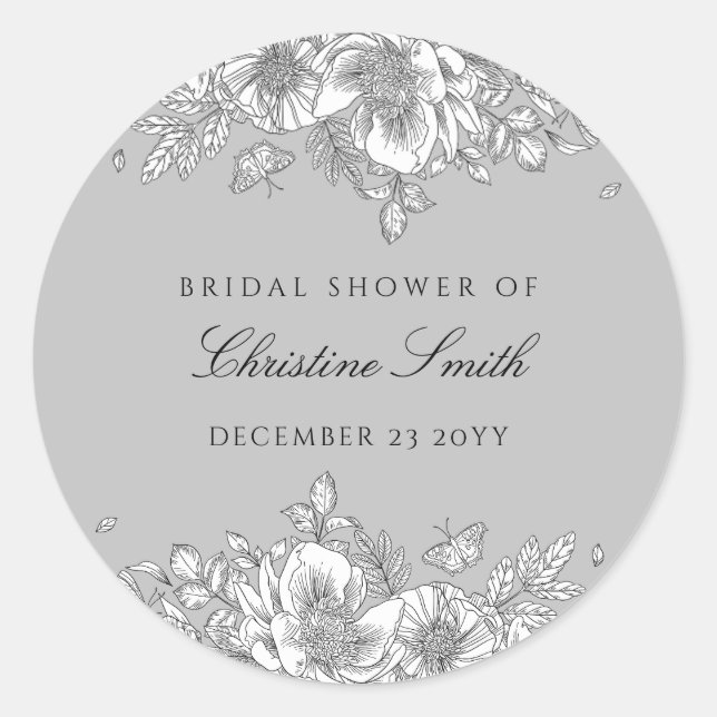 Pegatina Redonda Gray Floral Line Art Bridal Shower (Anverso)