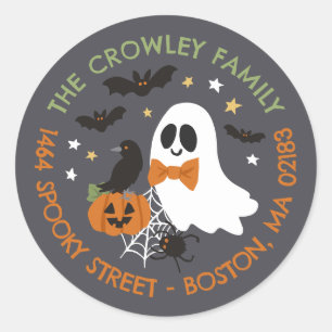 Pegatina Redonda Gray Ghost Raven Halloween Family Return Address