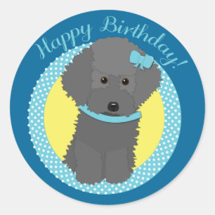 Pegatina Redonda Gray Poodle Happy Birday Pegatinas