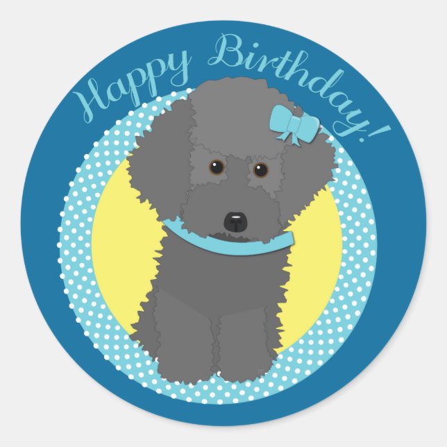 Pegatina Redonda Gray Poodle Happy Birday Pegatinas (Anverso)