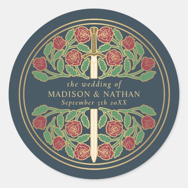 Pegatina Redonda Gray Royal Medieval Sword Wedding  (Anverso)