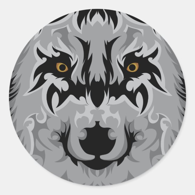 Pegatina Redonda Gray Tribal Wolf Head (Anverso)