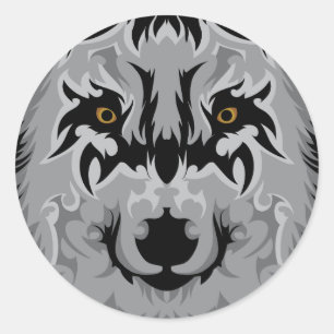 Pegatina Redonda Gray Tribal Wolf Head