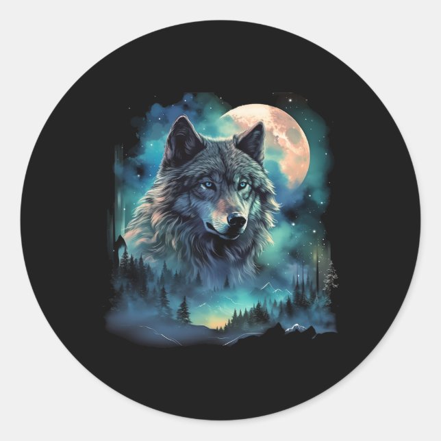 Pegatina Redonda Gray Wolf Hunting Grounts Icy Moon Forest Galaxy (Anverso)