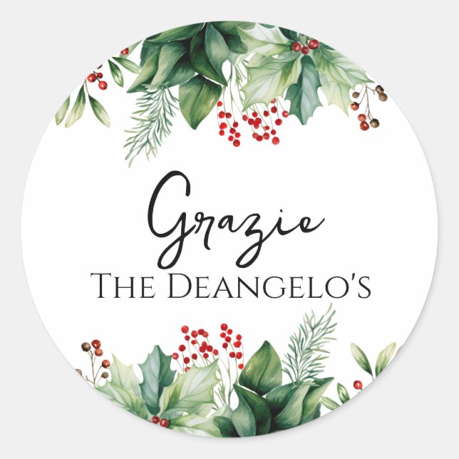 Pegatina Redonda Grazie, Navidades italianos gracias (Anverso)