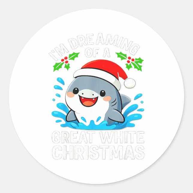 Pegatina Redonda Great White Christmas Shark Funny Santa Holiday Pu (Anverso)