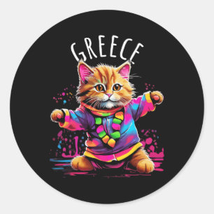 Pegatina Redonda Grecia Quirky gracioso gato bonito y colorido bail