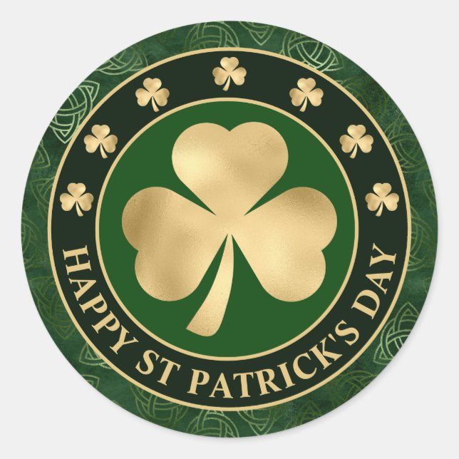 Pegatina Redonda Green and Gold Shamrock Clover St Patrick's Day (Anverso)