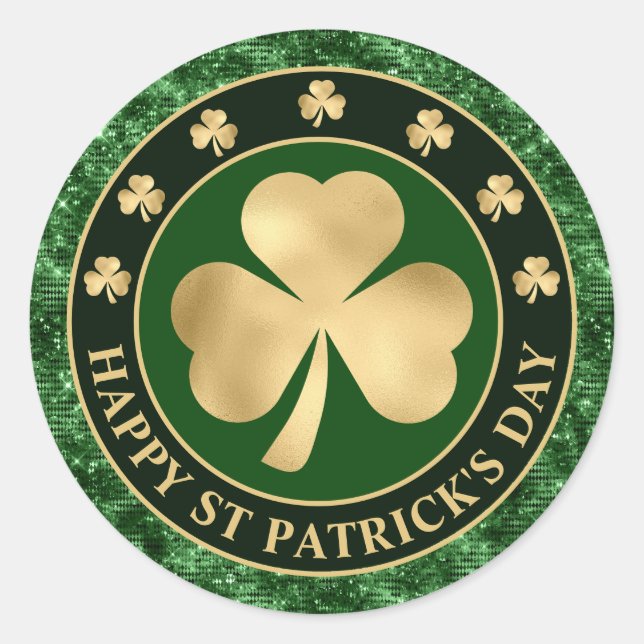 Pegatina Redonda Green and Gold Shamrock Clover St Patrick's Day (Anverso)