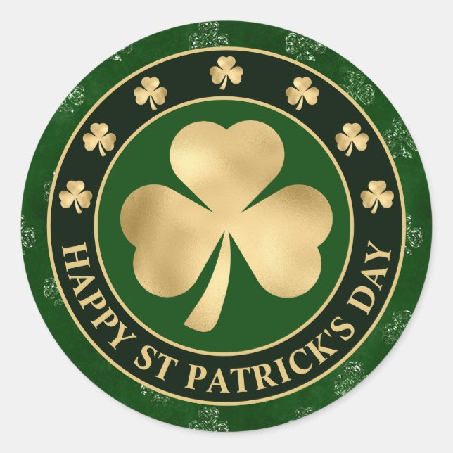 Pegatina Redonda Green and Gold Shamrock Clover St Patrick's Day (Anverso)