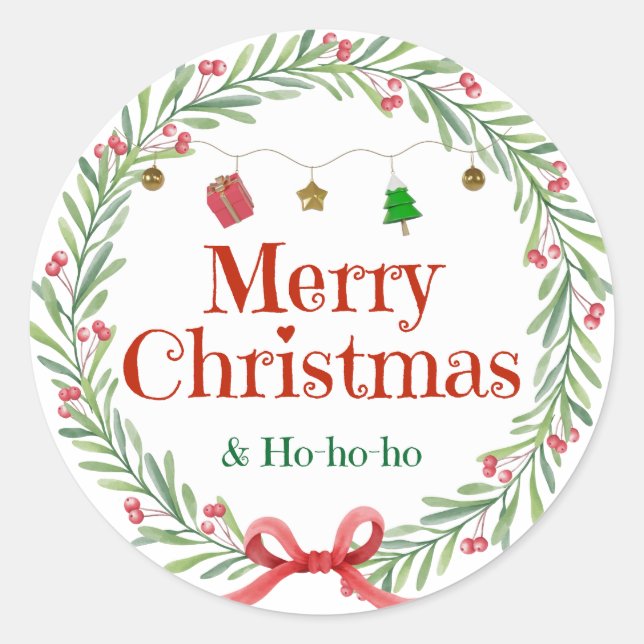 Pegatina Redonda Green and Red Merry Christmas Festive Round Holida (Anverso)