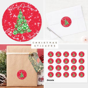 Pegatina Redonda Green Animal Paw Silhouth Christmas Tree Red