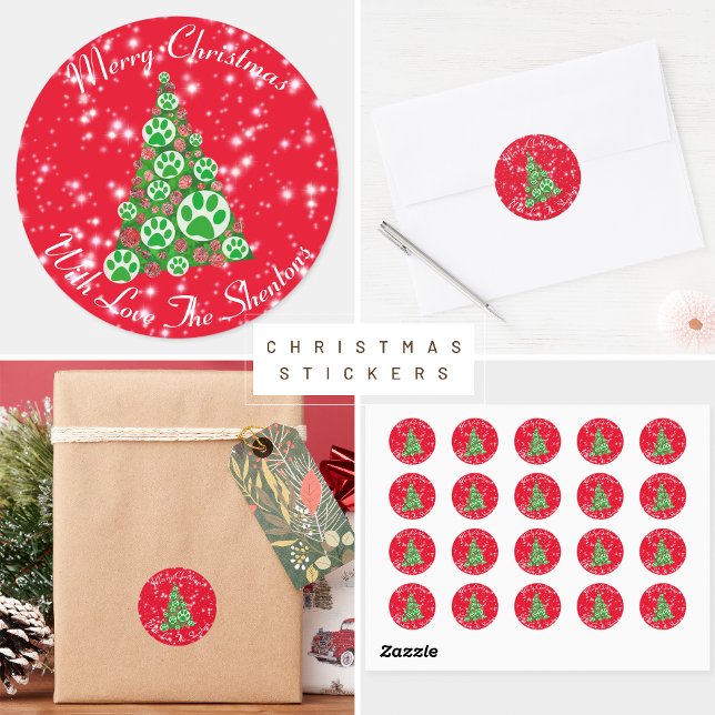Pegatina Redonda Green Animal Paw Silhouth Christmas Tree Red (Green paws animal Christmas Stickers)