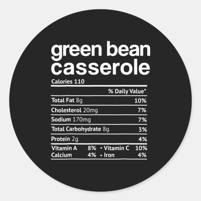 Pegatina Redonda Green Bean Cerole Nutrition Facts Funny Thanksg  (Anverso)