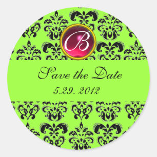 Pegatina Redonda GREEN BLACK DAMASK MONOGRAM , rubí rojo