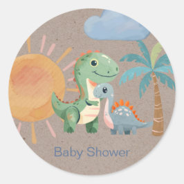 Pegatina Redonda Green Blue Dinosaur Adventure Boy Baby Shower