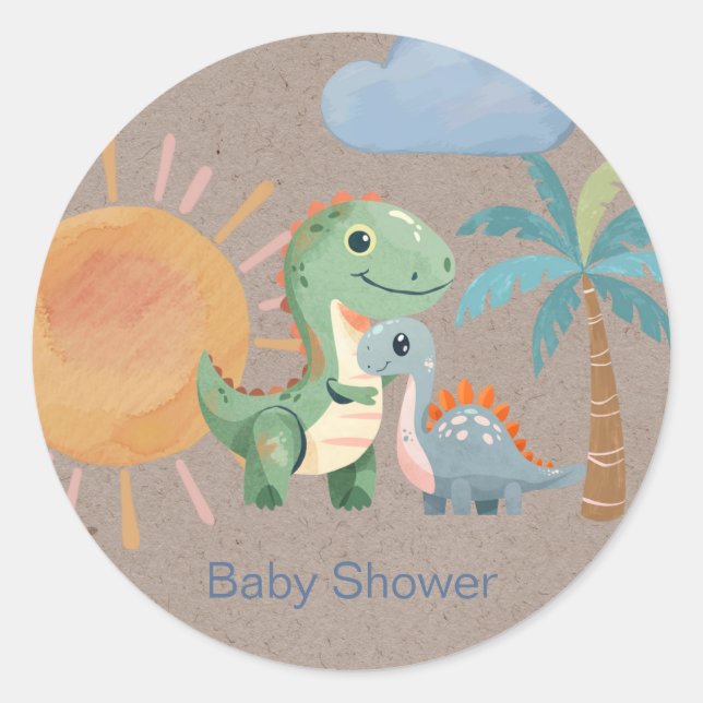 Pegatina Redonda Green Blue Dinosaur Adventure Boy Baby Shower (Anverso)