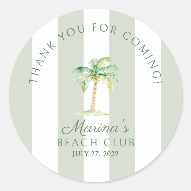 Pegatina Redonda Green Cabana Stripes Palm Beach Club Thank You (Anverso)