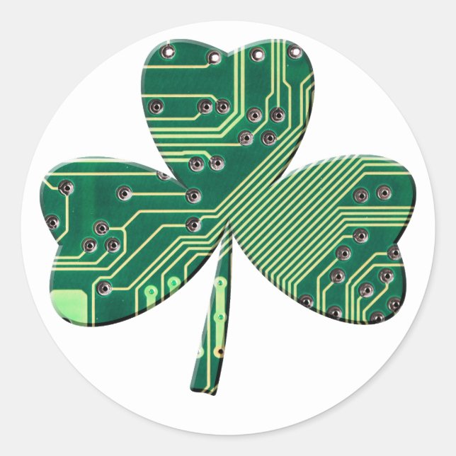 Pegatina Redonda Green Circuit Board St Patrick Day Shamrock (Anverso)