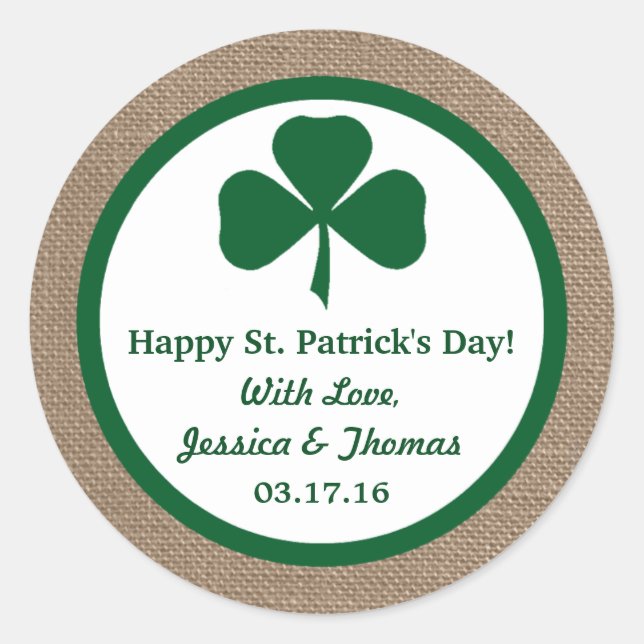 Pegatina Redonda Green Clover & Burlap St. Patrick's Day (Anverso)