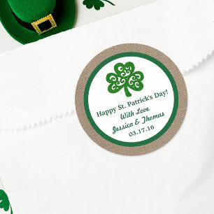 Pegatina Redonda Green Clover & Burlap St. Patrick's Day