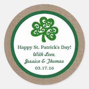 Pegatina Redonda Green Clover & Burlap St. Patrick's Day