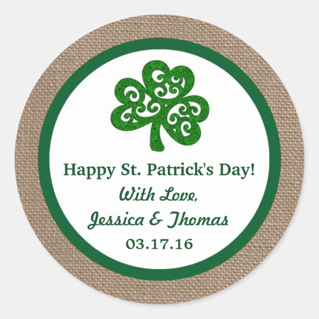 Pegatina Redonda Green Clover & Burlap St. Patrick's Day (Anverso)