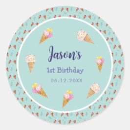 Pegatina Redonda Green Cute Ice Cream Cone Kids Boy Cumpleaños