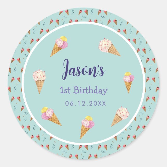 Pegatina Redonda Green Cute Ice Cream Cone Kids Boy Cumpleaños (Anverso)