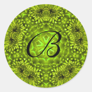 PEGATINA REDONDA GREEN DAHLIA FLOWER PETALS MONOGRAM