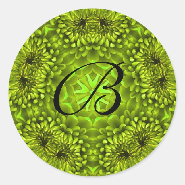 PEGATINA REDONDA GREEN DAHLIA FLOWER PETALS MONOGRAM (Anverso)