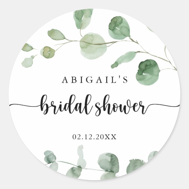 Pegatina Redonda Green Delight Eucalyptus Bridal Shower Favor (Anverso)