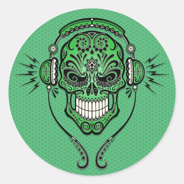 Pegatina Redonda Green DJ Sugar Skull (Anverso)