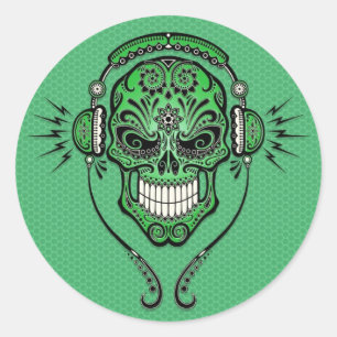 Pegatina Redonda Green DJ Sugar Skull
