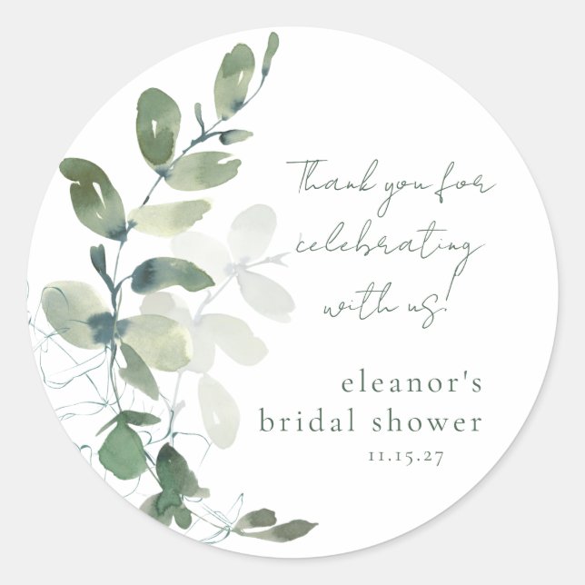 Pegatina Redonda Green Eucalyptus Personalizado Bridal Shower Graci (Anverso)