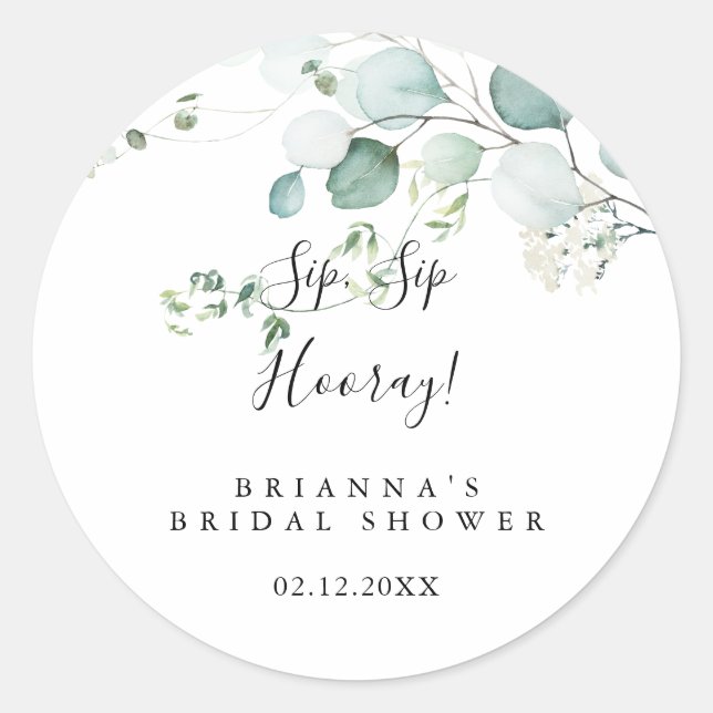 Pegatina Redonda Green Eucalyptus Sip Sip Hooray Bridal Shower (Anverso)
