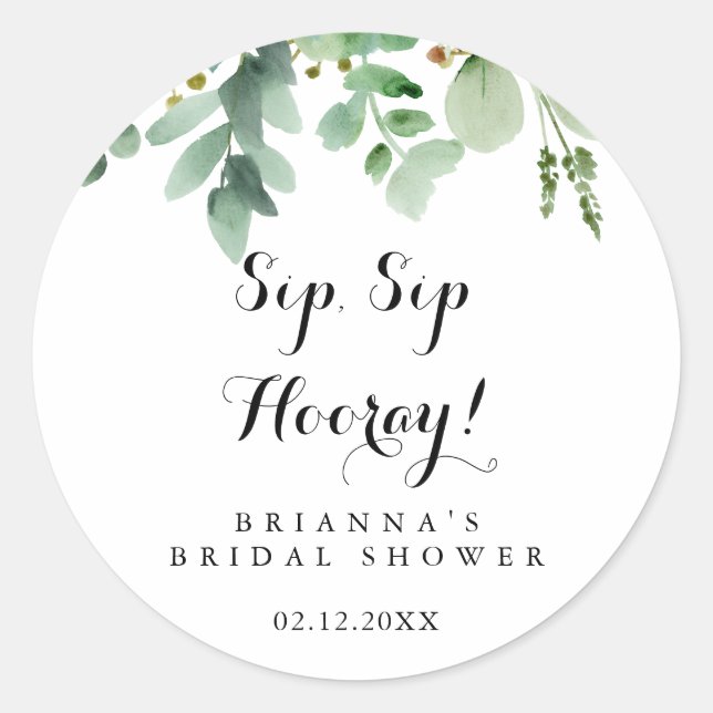 Pegatina Redonda Green Eucalyptus Sip Sip Hooray Bridal Shower (Anverso)