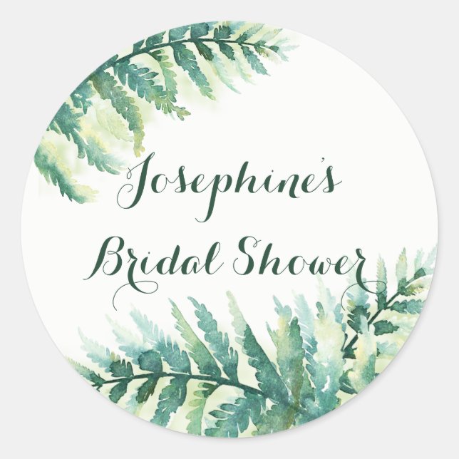 Pegatina Redonda Green Fern Watercolor Bridal Shower (Anverso)