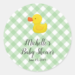 Pegatina Redonda Green Gingham Rubber Duckie Baby Shower 
