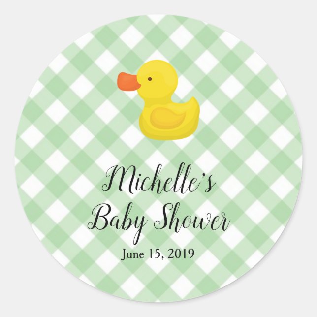 Pegatina Redonda Green Gingham Rubber Duckie Baby Shower  (Anverso)