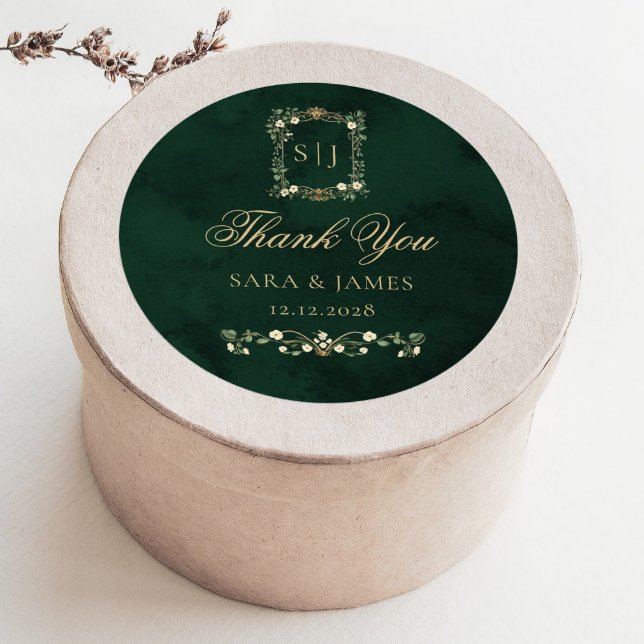 Pegatina Redonda Green Gold Botanical Crest Wedding Thank you (Subido por el creador)