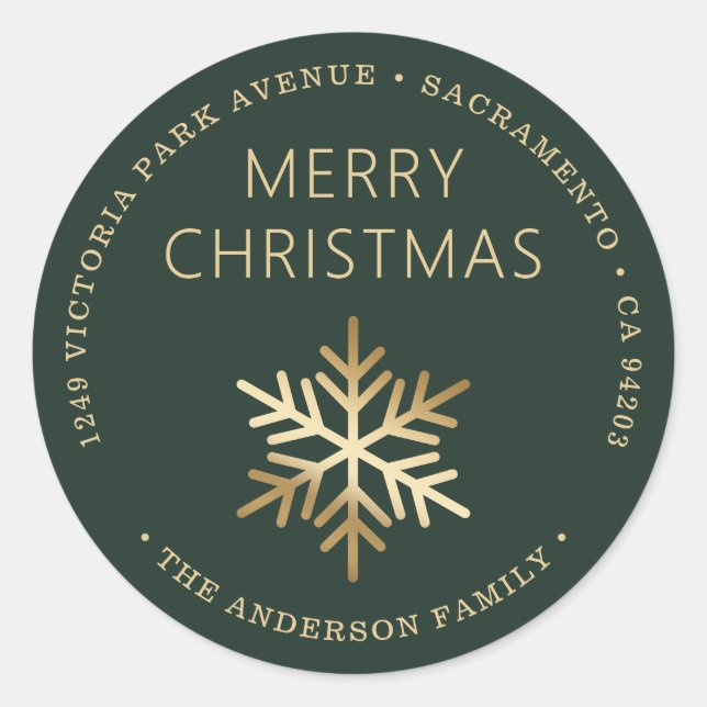 Pegatina Redonda Green Gold Christmas Snowflake Return Address (Anverso)