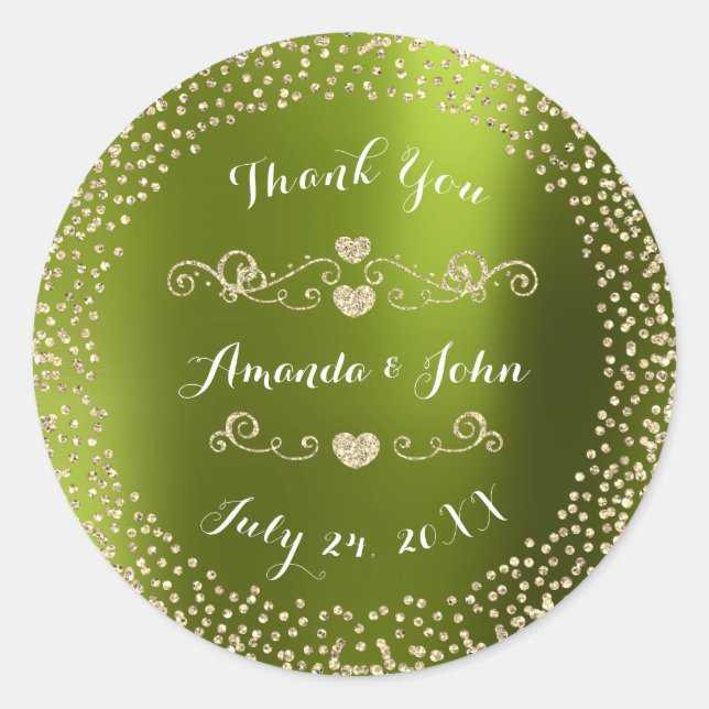 Pegatina Redonda Green Gold Purpurina Save the Date Gracias (Anverso)