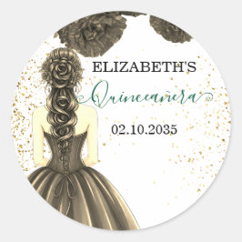 Pegatina Redonda Green & Gold Quinceañera Custom Round Sticker