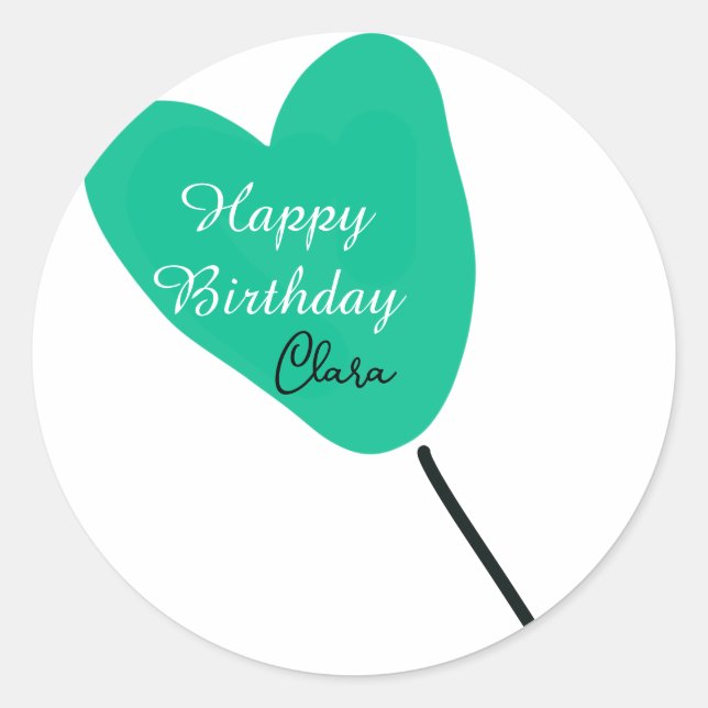 Pegatina Redonda Green heart happy birthday white black balloon kid (Anverso)