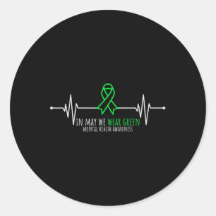 Pegatina Redonda Green Heartbeats Beats Ribbon Mental Health Awaren