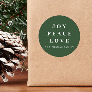 Pegatina Redonda Green Joy Peace Love Minimal Navidad Nombre de la 